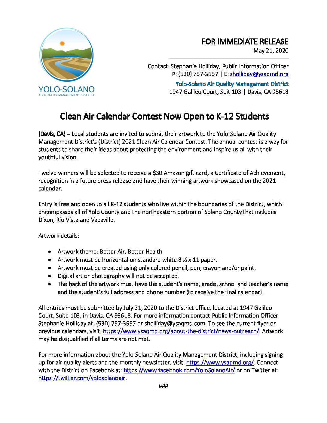 Press Release- Submissions Open - Yolo-Solano Air Quality Management  District