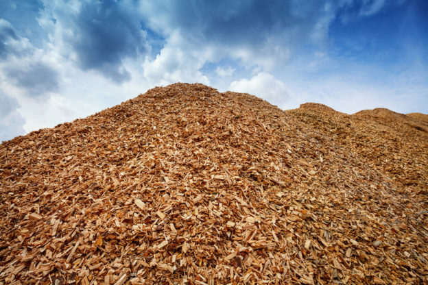 heap of wood chips against blue sky