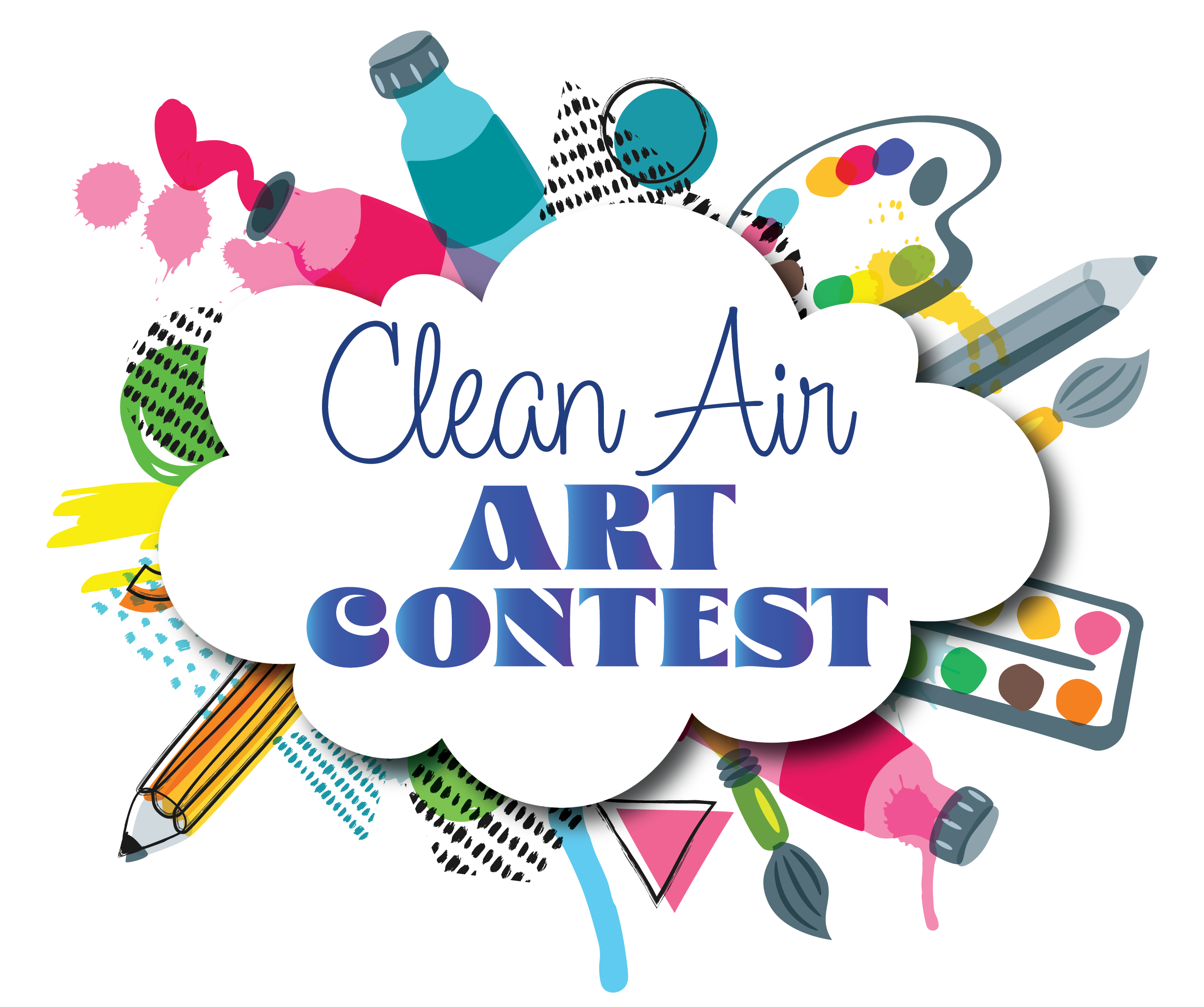 Drawing with a cloud with the words Clean Air Art Contest surrounded by drawings of art supplies